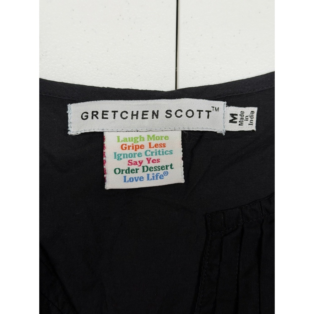Gretchen Scott Top Womens Medium Black Pintuck Pleated Sheer Sleeve Witchy Tunic - Picture 6 of 12